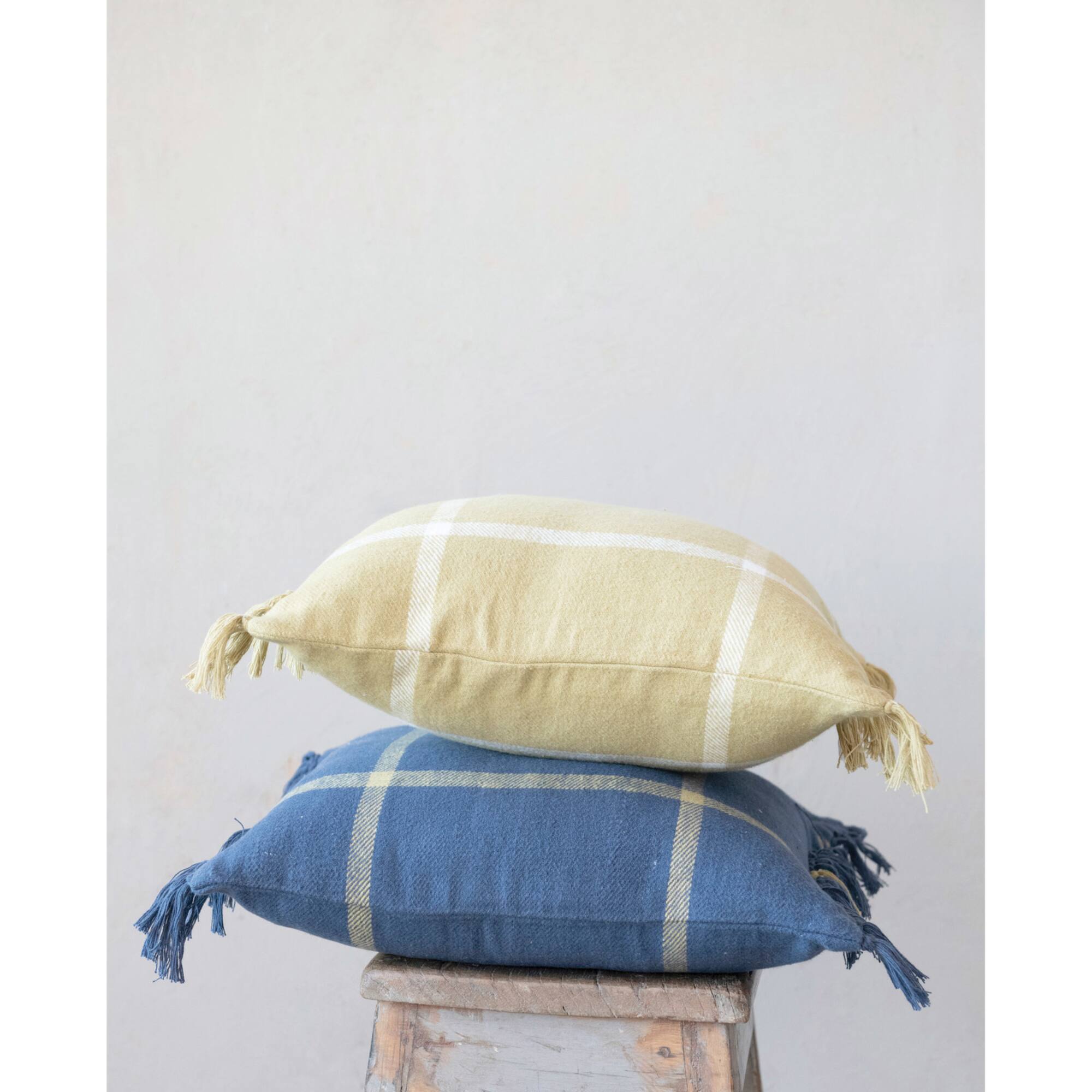 Hello Honey® Citron Plaid Cotton Flannel Pillow with Fringe